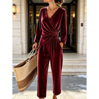 Wine Red Women's Velvet Jumpsuit with Wrap Top & Relaxed Wide-Leg Fit
