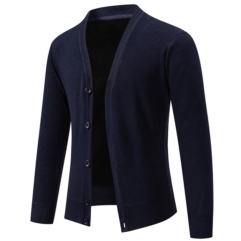 6971 Navy Men's Lightweight V-Neck Knit Cardigan with Button-Front Placket & Ribbed Cuffs