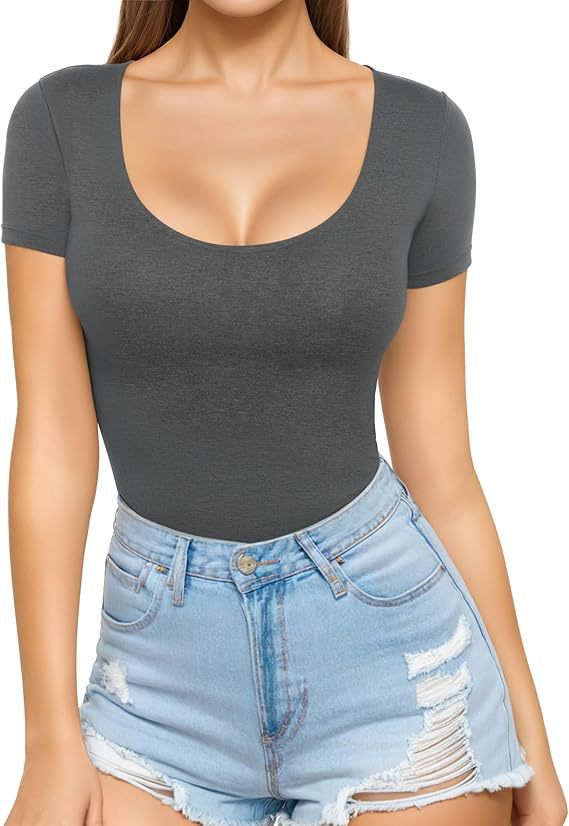 Dark Grey Women's Seamless Bodysuit with Scoop Neck & Short Sleeves