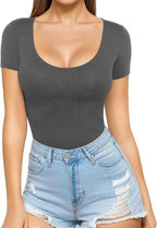 Dark Grey Women's Seamless Bodysuit with Scoop Neck & Short Sleeves