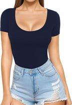 Dark Blue Women's Seamless Bodysuit with Scoop Neck & Short Sleeves