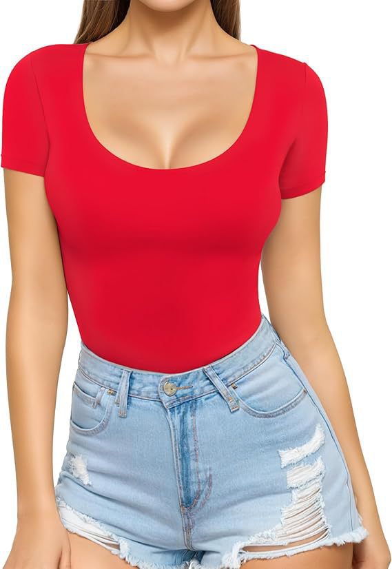 Red Women's Seamless Bodysuit with Scoop Neck & Short Sleeves