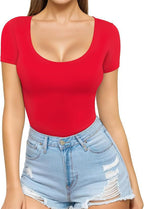 Red Women's Seamless Bodysuit with Scoop Neck & Short Sleeves