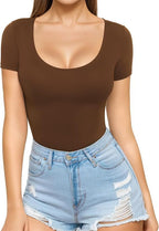 Brown Women's Seamless Bodysuit with Scoop Neck & Short Sleeves