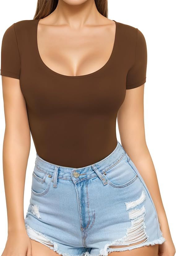 Brown Women's Seamless Bodysuit with Scoop Neck & Short Sleeves