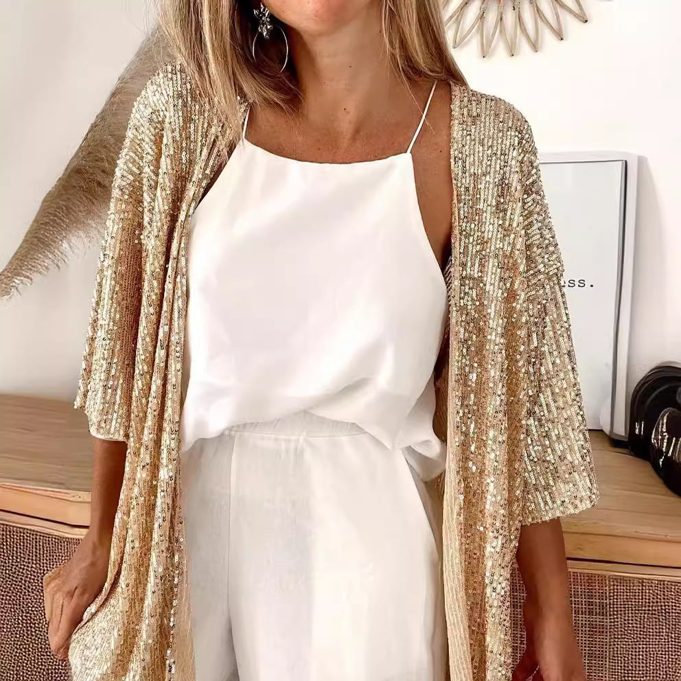 Women's Sequin Loose Fit Cardigan with Flowy Long Sleeves — Nola