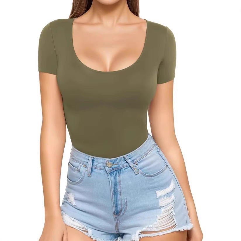 Women's Seamless Bodysuit with Scoop Neck & Short Sleeves