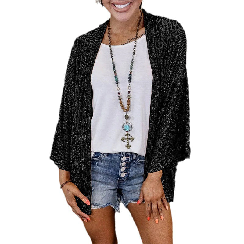Women's Sequin Loose Fit Cardigan with Flowy Long Sleeves — Nola