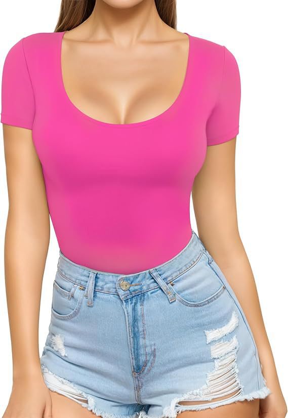 Neon Pink Women's Seamless Bodysuit with Scoop Neck & Short Sleeves