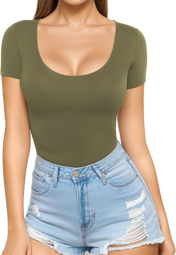 Olive Green Women's Seamless Bodysuit with Scoop Neck & Short Sleeves