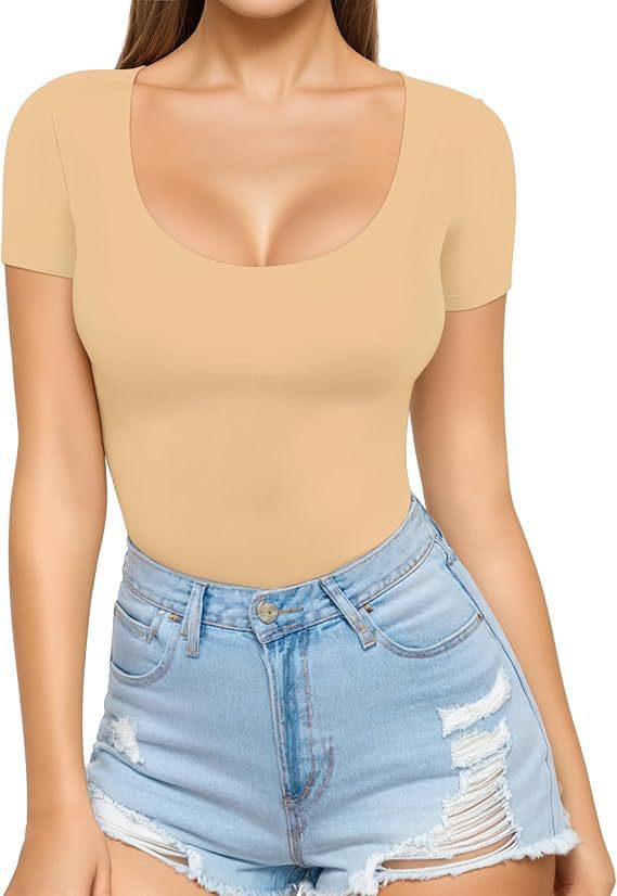 Cream Women's Seamless Bodysuit with Scoop Neck & Short Sleeves