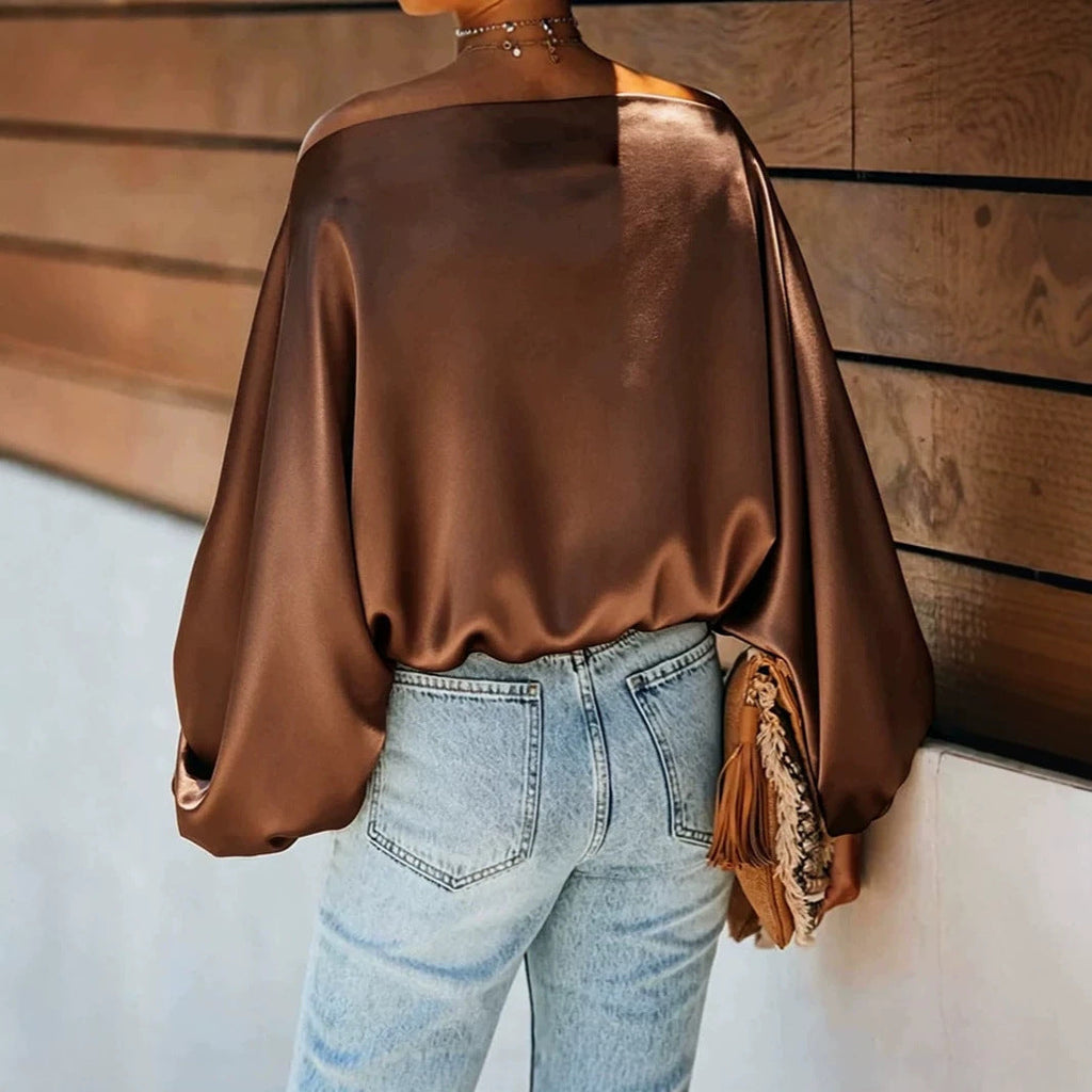 Women's Satin Blouse with Asymmetric Off-Shoulder Neckline & Relaxed Batwing Sleeves