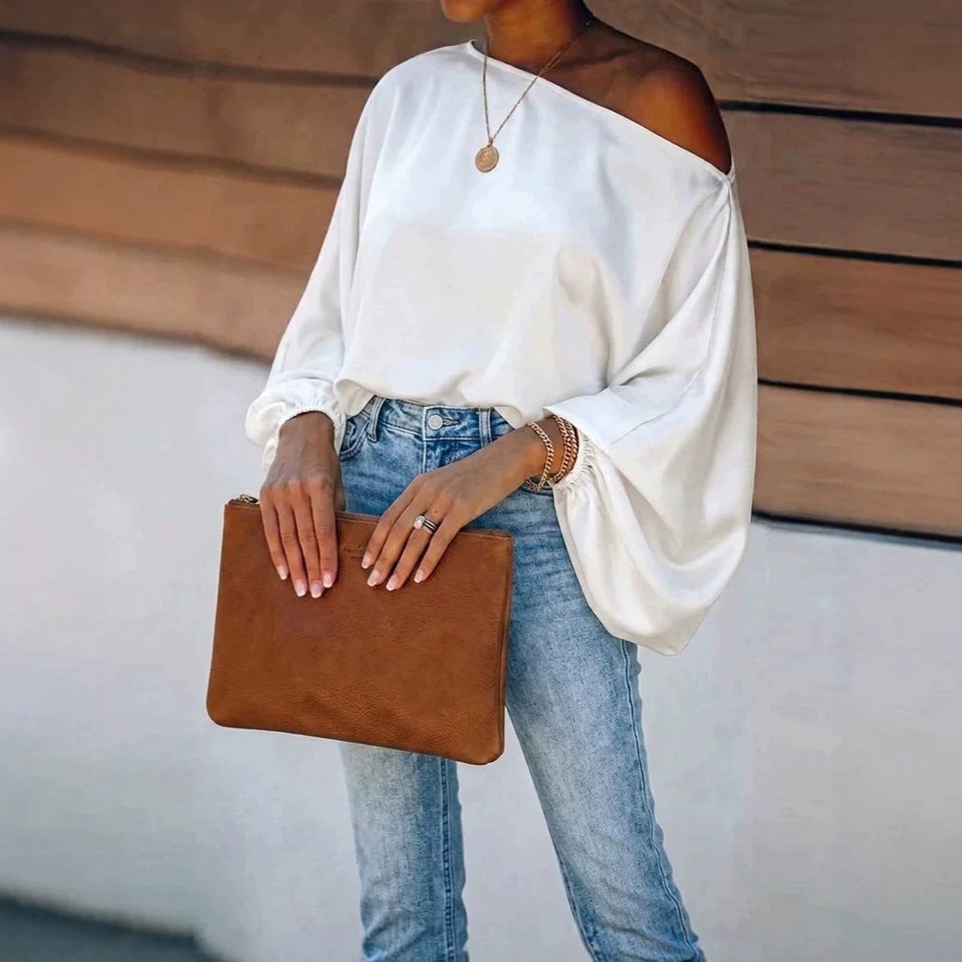 White Women's Satin Blouse with Asymmetric Off-Shoulder Neckline & Relaxed Batwing Sleeves