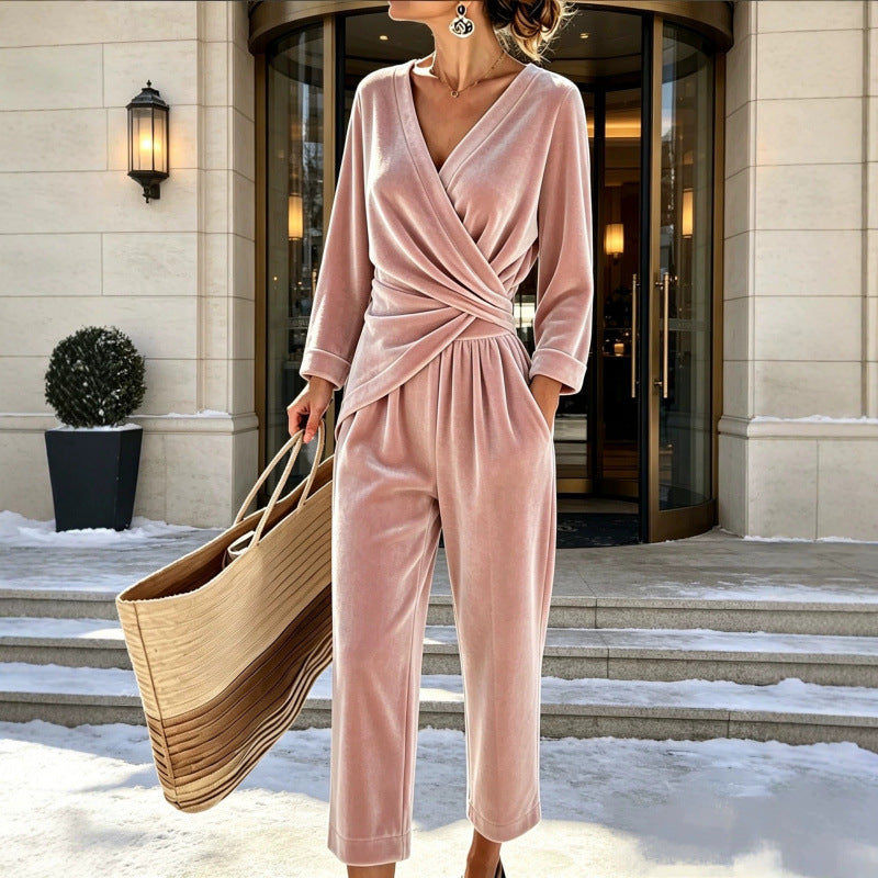 Pink Women's Velvet Jumpsuit with Wrap Top & Relaxed Wide-Leg Fit