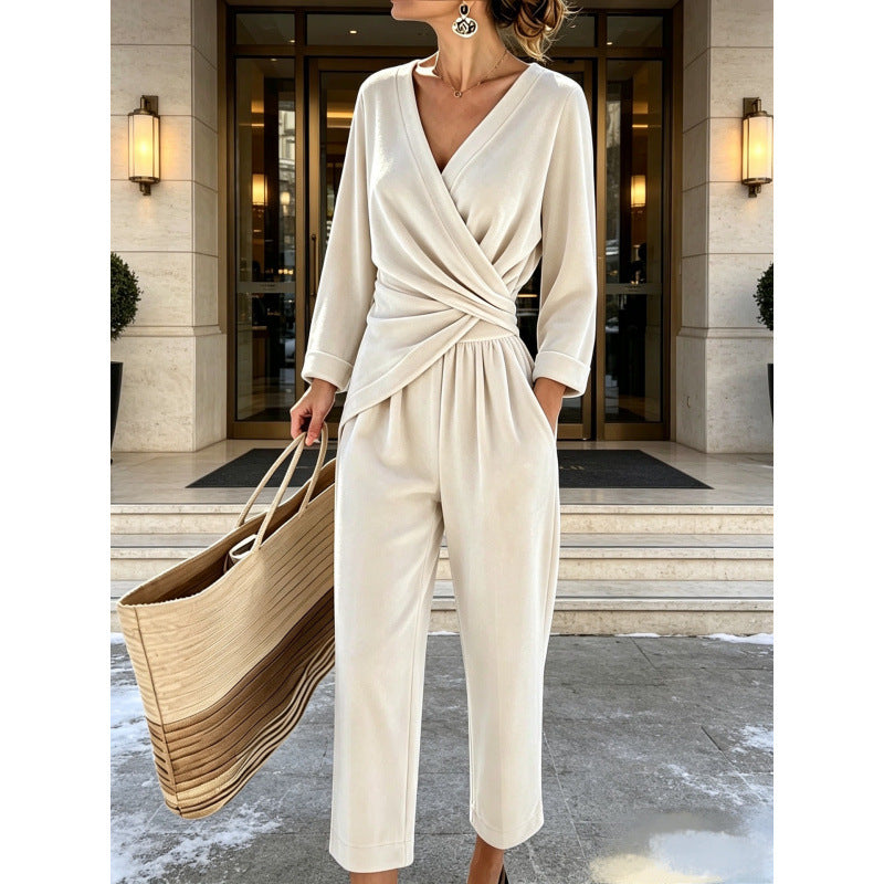 Women's Velvet Jumpsuit with Wrap Top & Relaxed Wide-Leg Fit