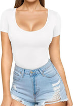 White Women's Seamless Bodysuit with Scoop Neck & Short Sleeves