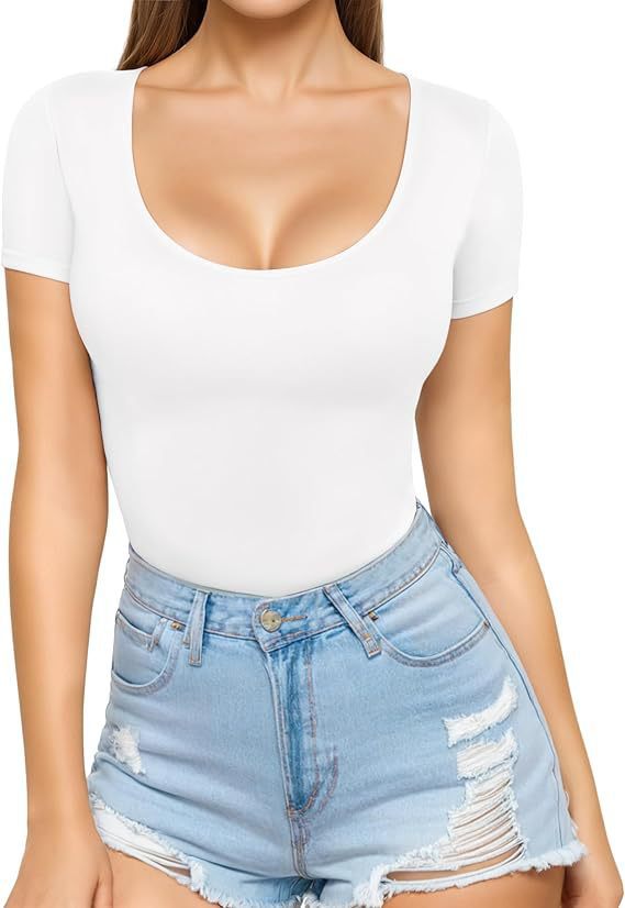 White Women's Seamless Bodysuit with Scoop Neck & Short Sleeves