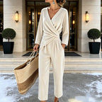 White Women's Velvet Jumpsuit with Wrap Top & Relaxed Wide-Leg Fit