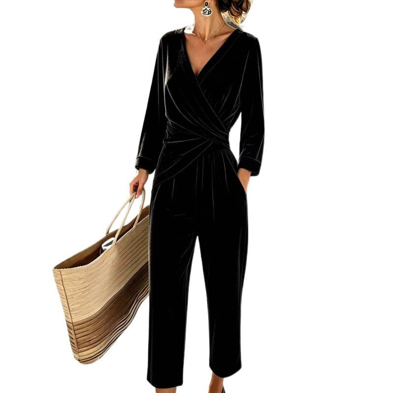 Black Women's Velvet Jumpsuit with Wrap Top & Relaxed Wide-Leg Fit
