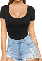 Black Women's Seamless Bodysuit with Scoop Neck & Short Sleeves