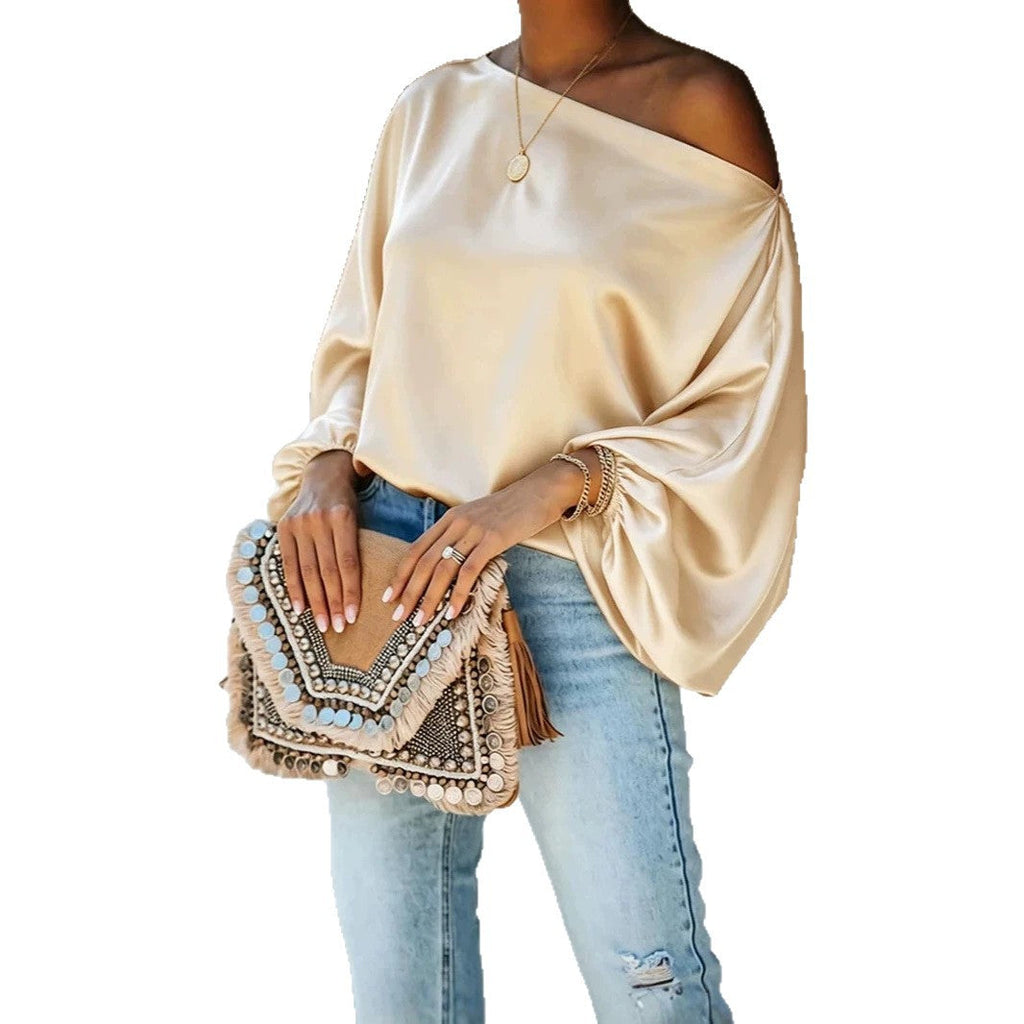 Champagne Women's Satin Blouse with Asymmetric Off-Shoulder Neckline & Relaxed Batwing Sleeves
