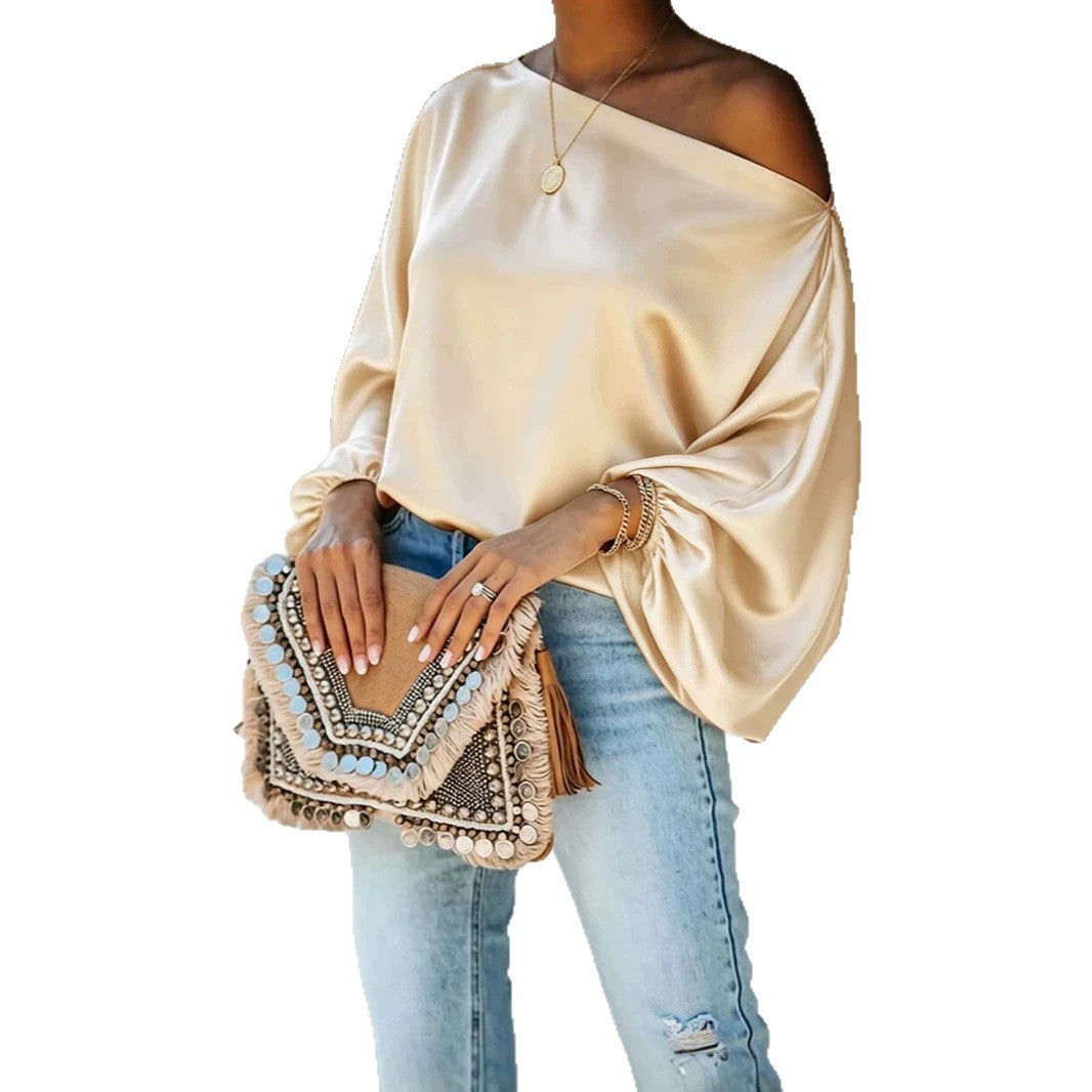 Champagne Women's Satin Blouse with Asymmetric Off-Shoulder Neckline & Relaxed Batwing Sleeves