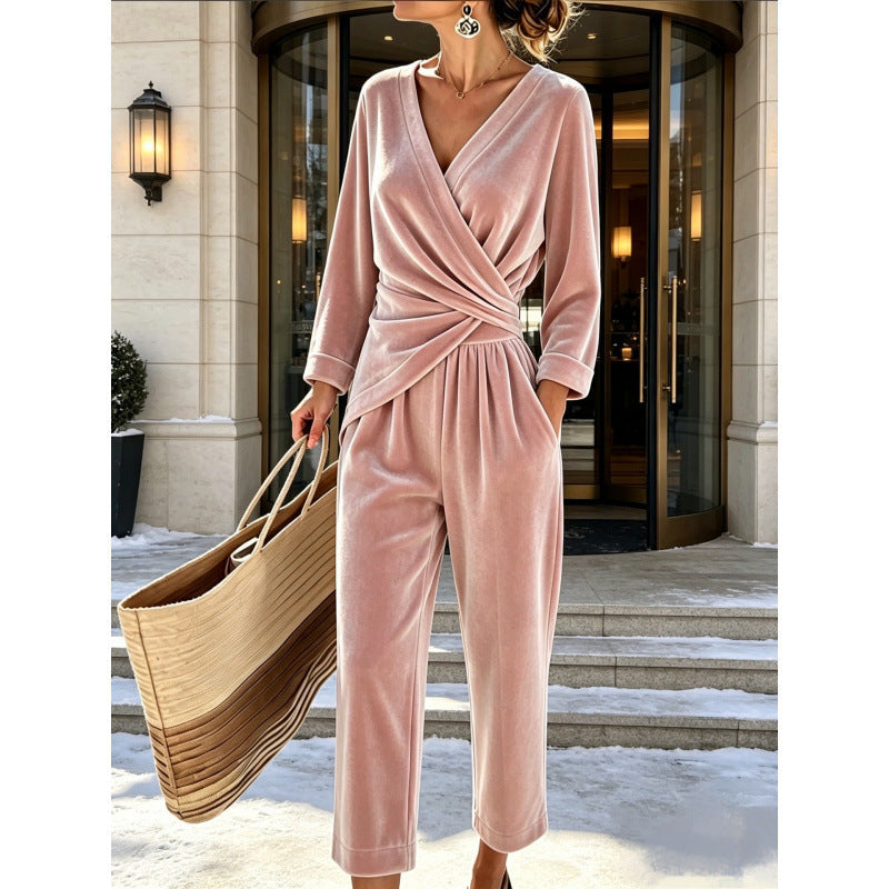 Women's Velvet Jumpsuit with Wrap Top & Relaxed Wide-Leg Fit