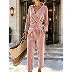 Women's Velvet Jumpsuit with Wrap Top & Relaxed Wide-Leg Fit