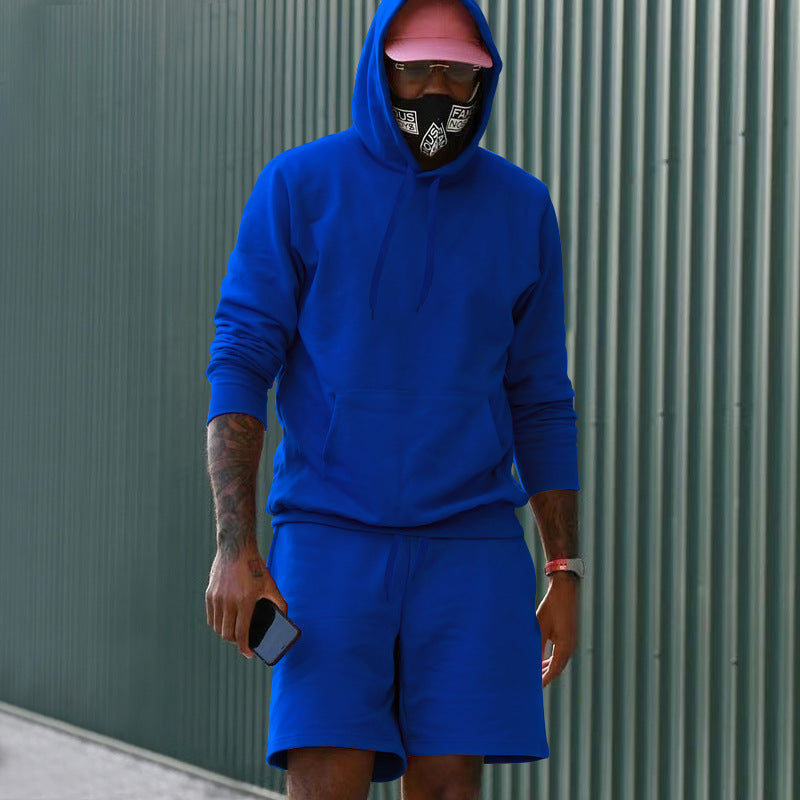 Royal blue Men's French Terry Hoodie and Shorts Two Piece Set with Kangaroo Pocket