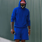 Royal blue Men's French Terry Hoodie and Shorts Two Piece Set with Kangaroo Pocket