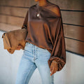 Women's Satin Blouse with Asymmetric Off-Shoulder Neckline & Relaxed Batwing Sleeves — Aria