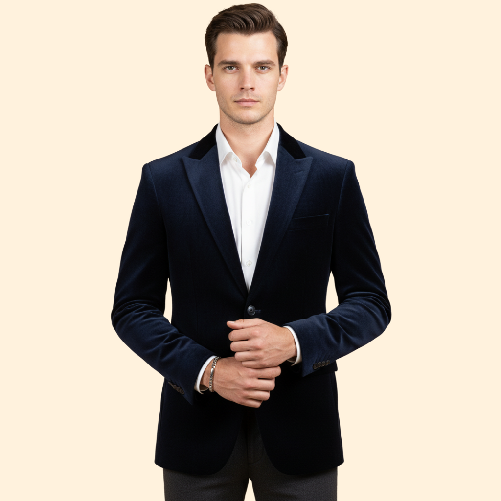 Navy Blue Men's Single Button Velvet Blazer with Tailored Fit