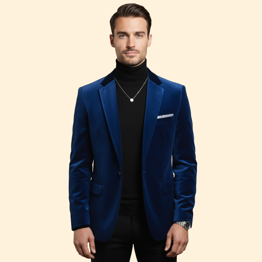 Blue Men's Single Button Velvet Blazer with Tailored Fit