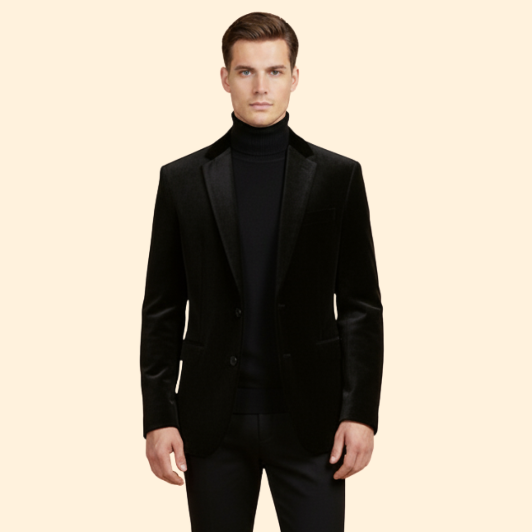 Black Men's Single Button Velvet Blazer with Tailored Fit
