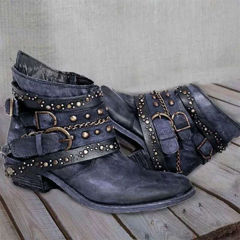 Women's Vintage Boots with Buckle Straps & Studded Detail — Cassie