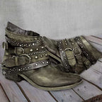 Green Women's Vintage Boots with Buckle Straps & Studded Detail