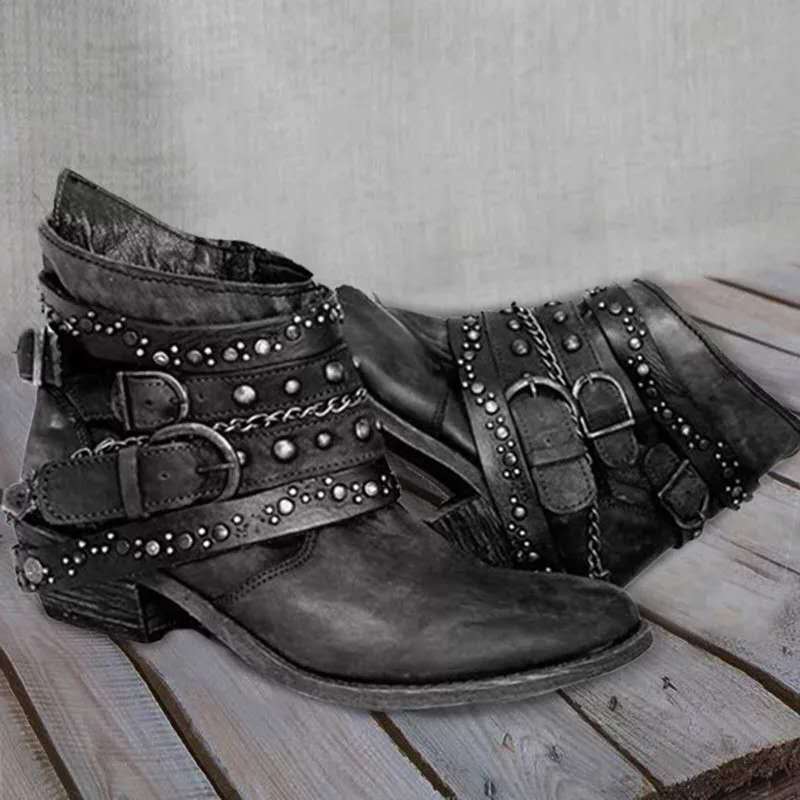 Women's Vintage Boots with Buckle Straps & Studded Detail — Cassie