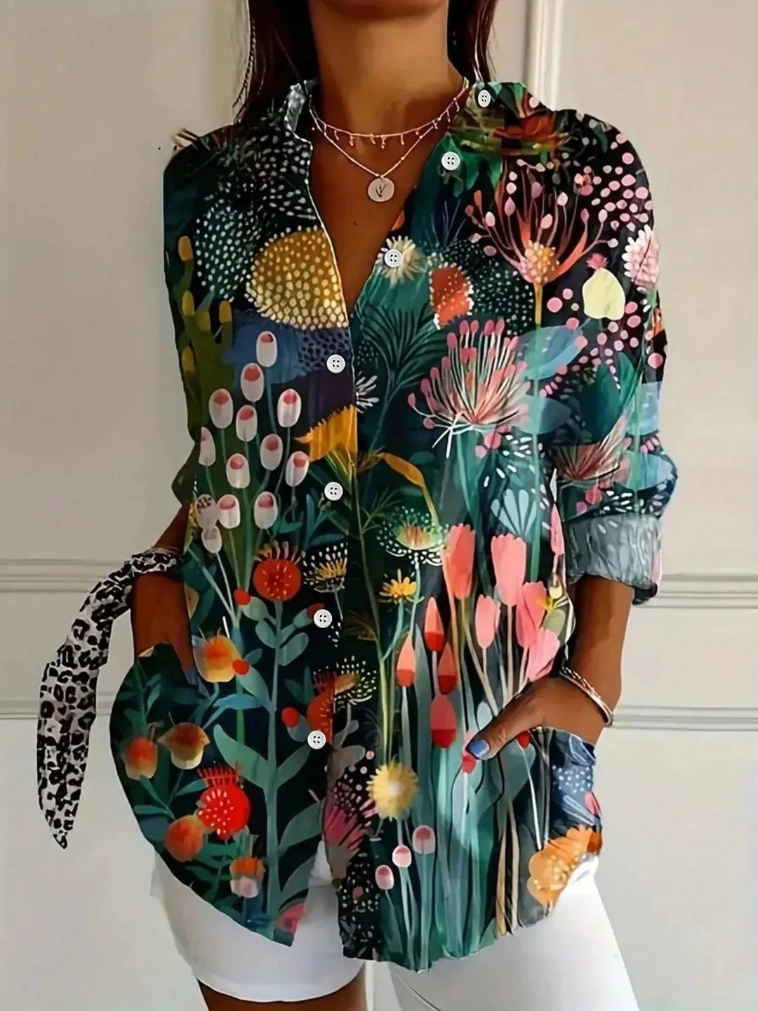 Green Women's Abstract Print Button Front Blouse — Trixie Lightweight Colorful Artistic - Front Detail
