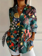 Green Women's Abstract Print Button Front Blouse — Trixie Lightweight Colorful Artistic - Front Detail