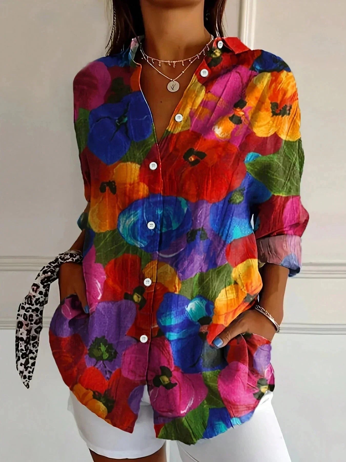 Multicolor Women's Abstract Print Button Front Blouse — Trixie Lightweight Colorful Artistic - B Front Vibrant