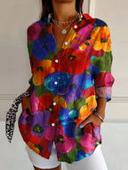 Multicolor Women's Abstract Print Button Front Blouse — Trixie Lightweight Colorful Artistic - B Front Vibrant