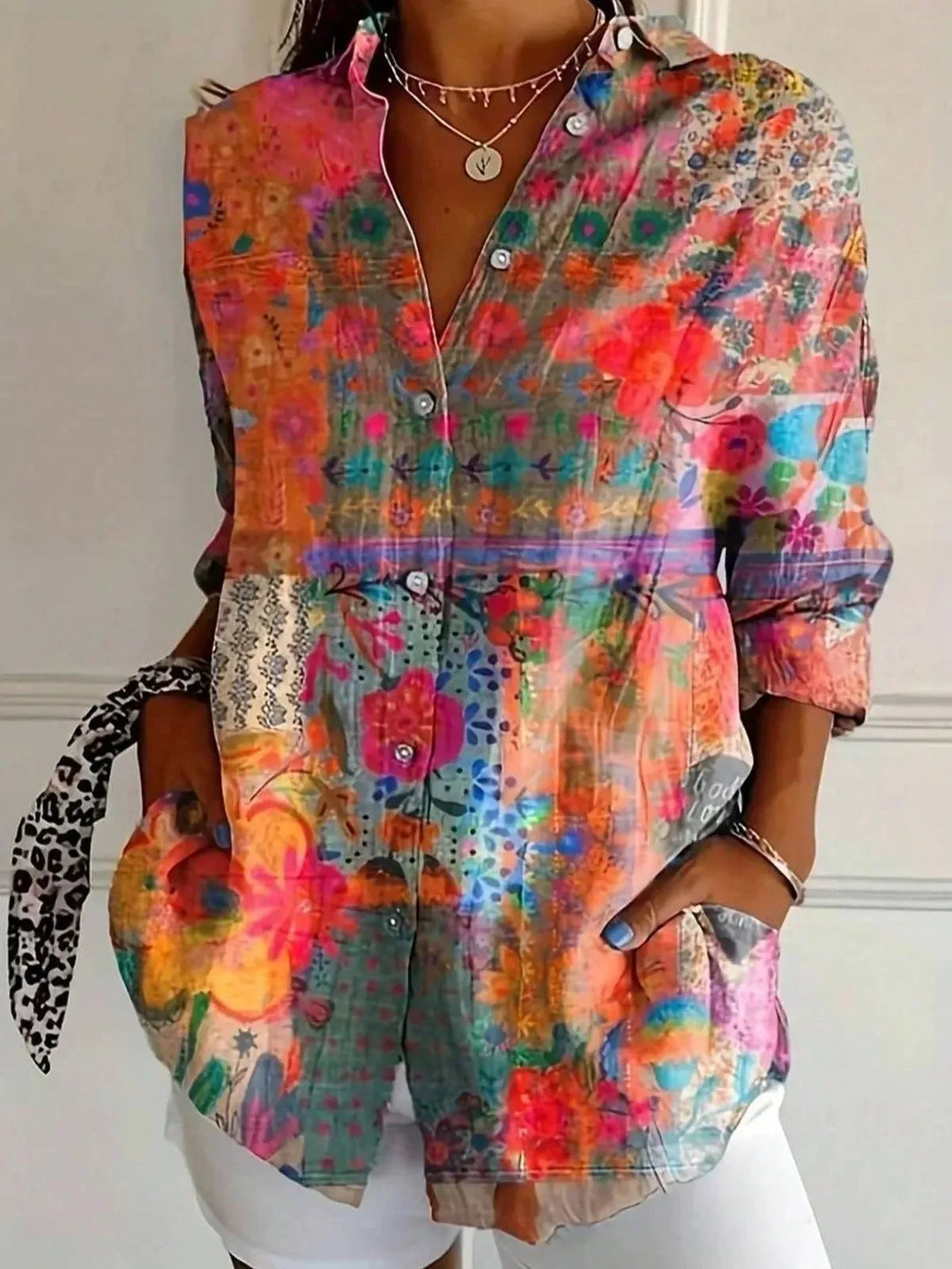 Orange Women's Abstract Print Button Front Blouse — Trixie Lightweight Colorful Artistic - Front Pose