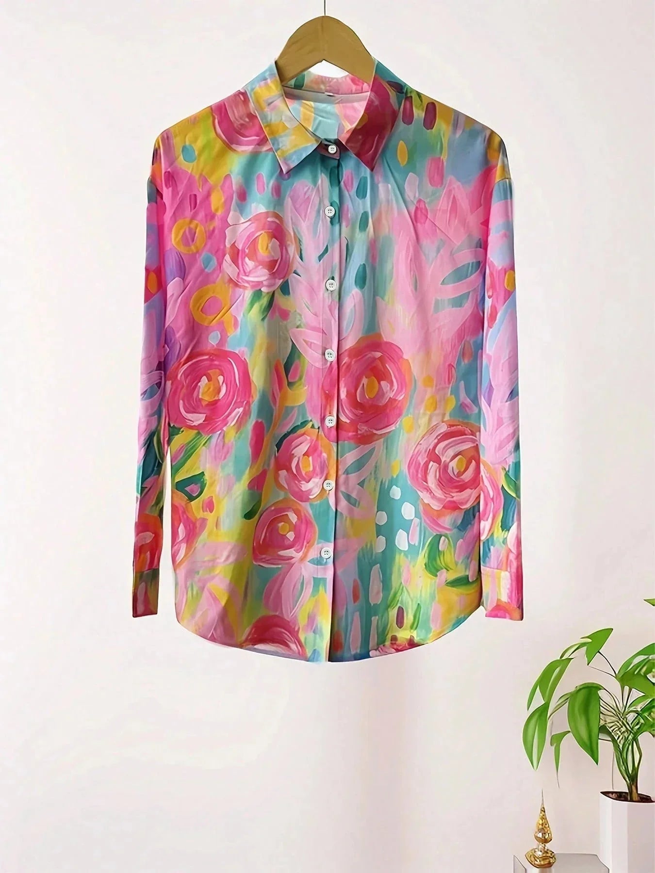 Pink Women's Abstract Print Button Front Blouse — Trixie Lightweight Colorful Artistic - Flat Lay