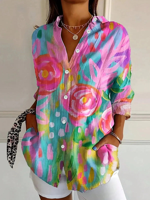Pink Women's Abstract Print Button Front Blouse — Trixie Lightweight Colorful Artistic - Front Full