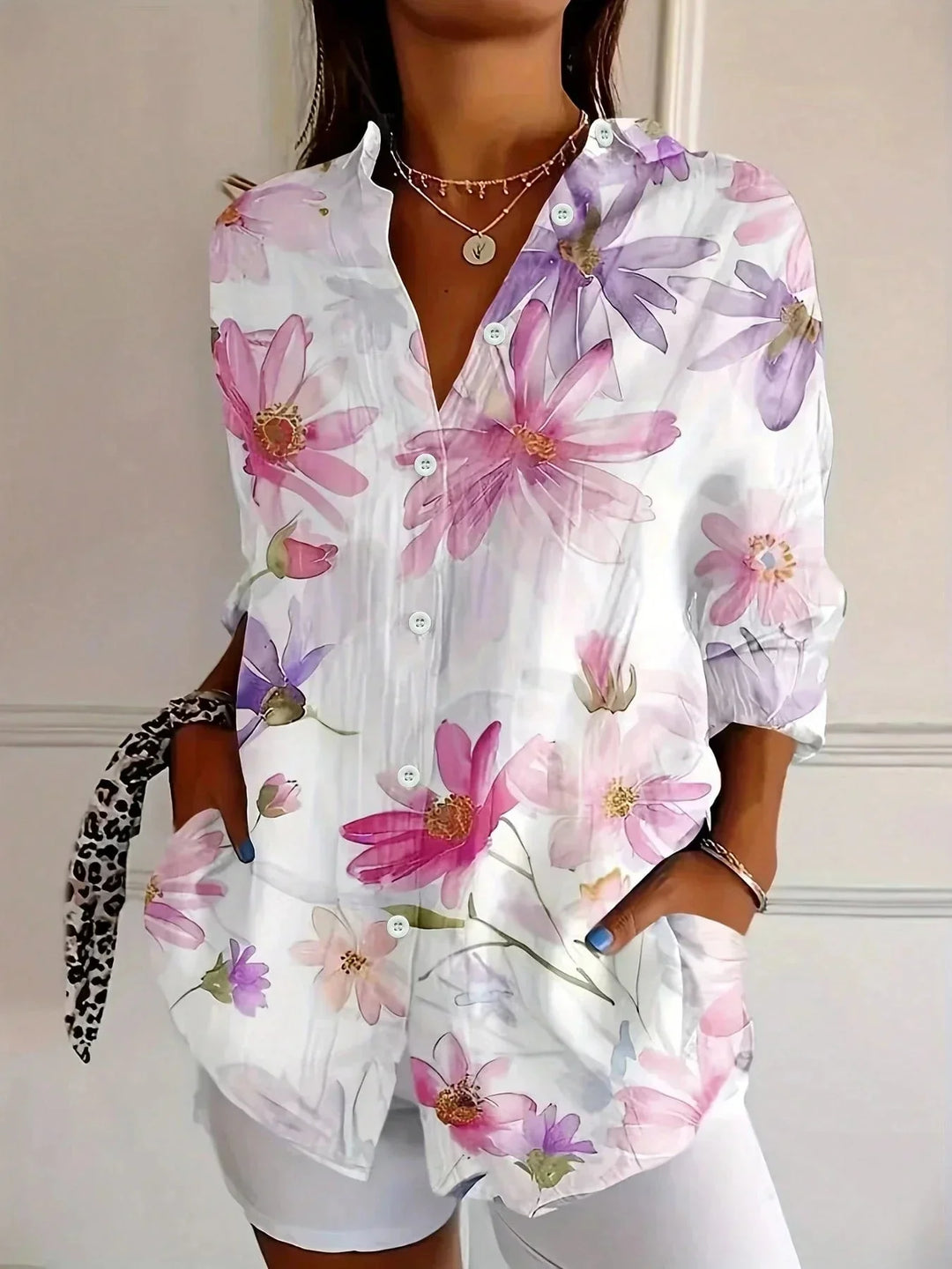White Women's Abstract Print Button Front Blouse — Trixie Lightweight Colorful Artistic - Front Styled