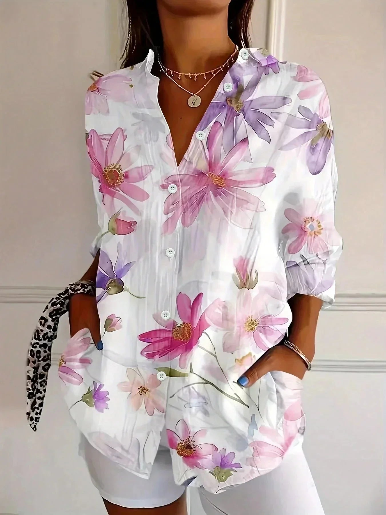 White Women's Abstract Print Button Front Blouse — Trixie Lightweight Colorful Artistic - Front Styled