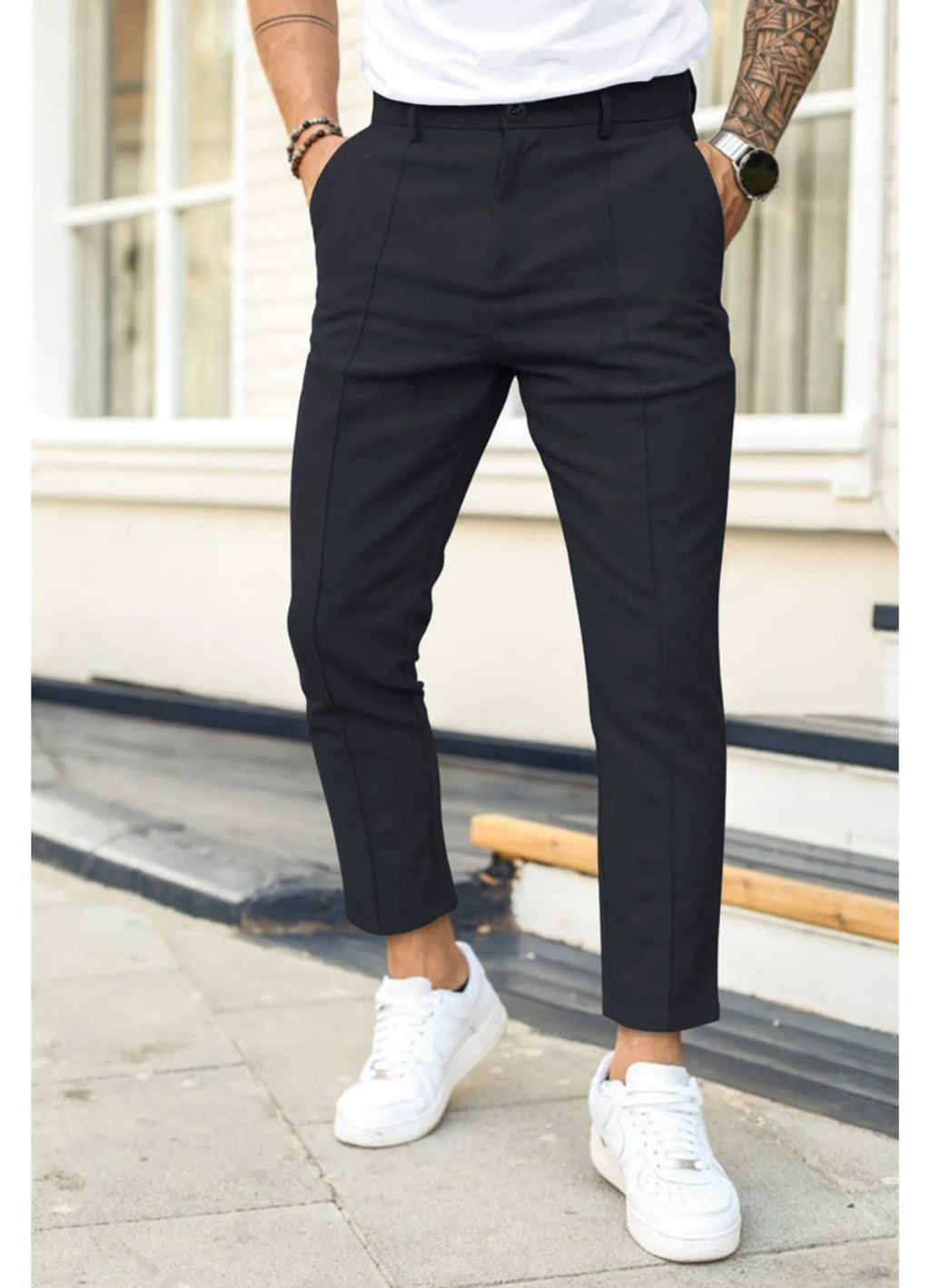 Black Men's Ankle Length Trousers with Tailored Slim Fit