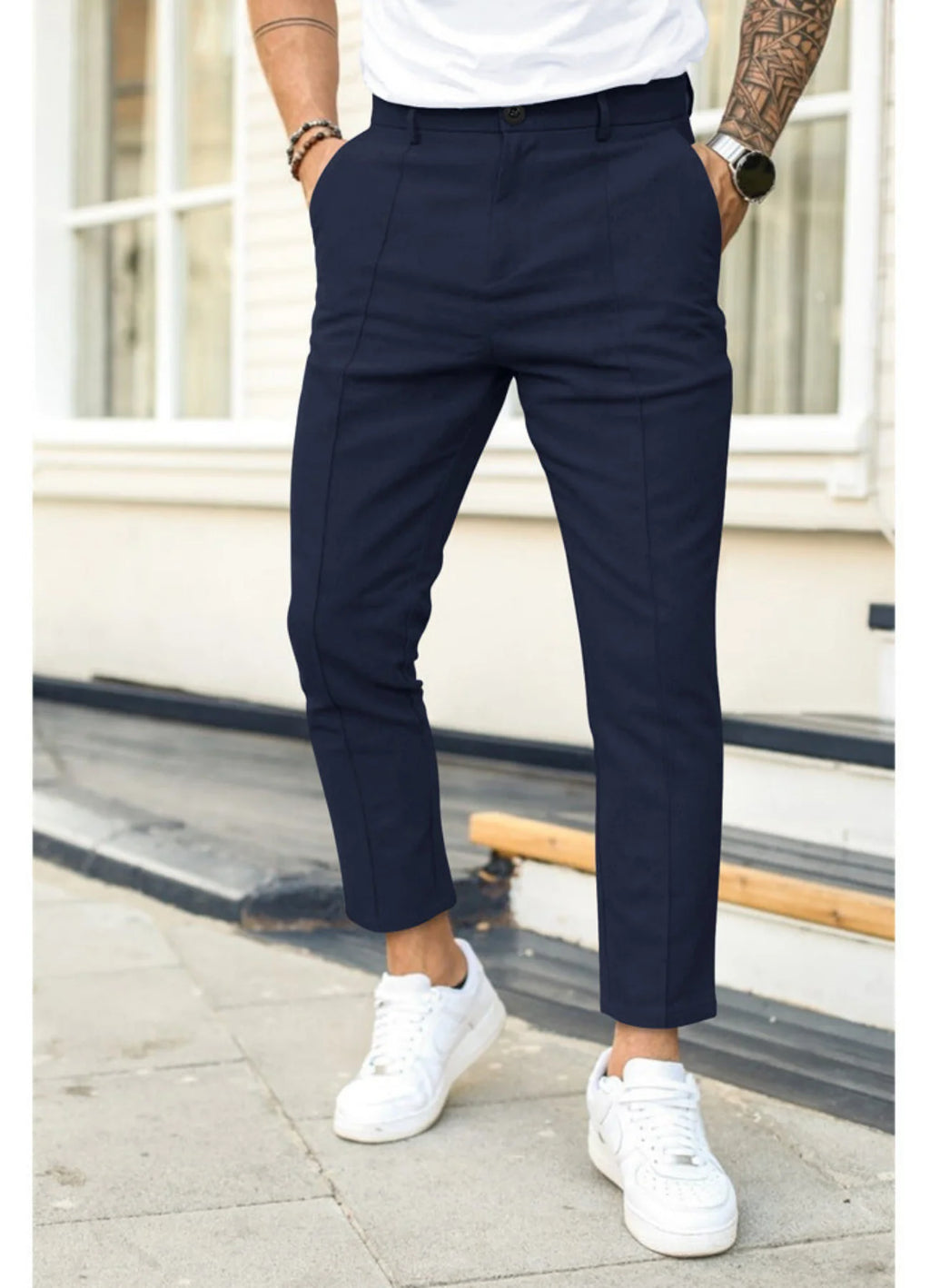 Blue Men's Ankle Length Trousers with Tailored Slim Fit