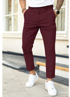 Dark Red Men's Ankle Length Trousers with Tailored Slim Fit - Front Closeup