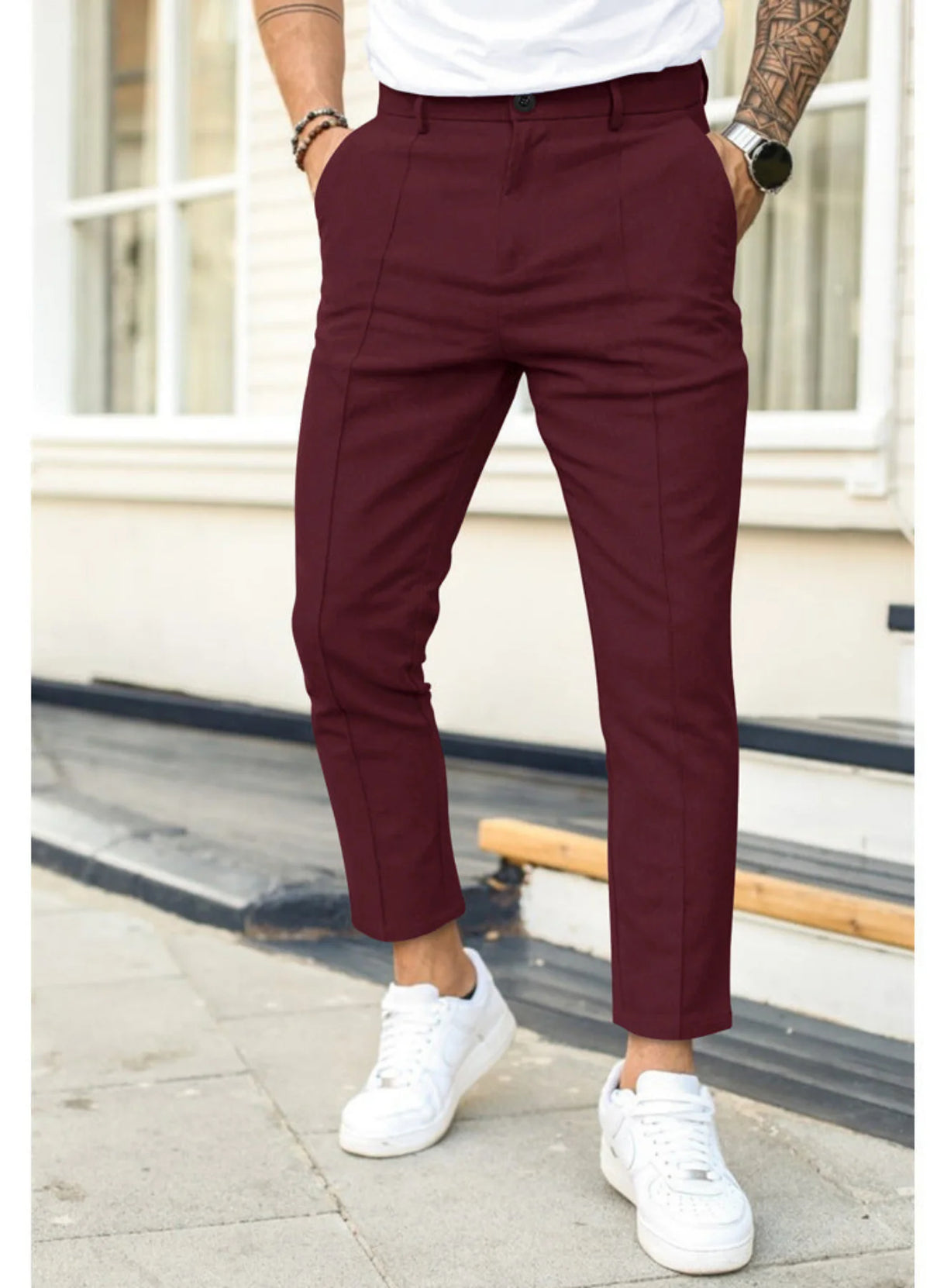 Dark Red Men's Ankle Length Trousers with Tailored Slim Fit - Front Closeup